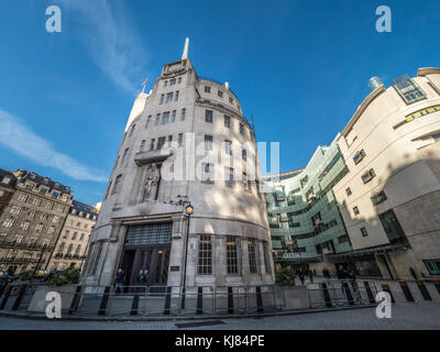 BBC headquarters, a renovated Portland Stone edifice with cutting-edge studios and a public piazza. Portland Place, London, UK Stock Photo