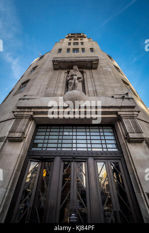 BBC headquarters, a renovated Portland Stone edifice with cutting-edge studios and a public piazza. Portland Place, London, UK Stock Photo