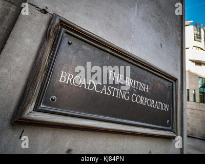 BBC headquarters, a renovated Portland Stone edifice with cutting-edge studios and a public piazza. Portland Place, London, UK Stock Photo