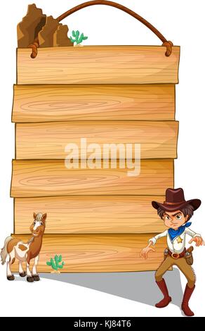 Illustration of a cowboy and a donkey in front of the empty signboards on a white background Stock Vector