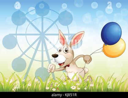 Illustration of a bunny running in the garden with balloons Stock Vector