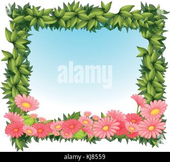 Illustration of a framed leaves with pink flowers on a white backround Stock Vector
