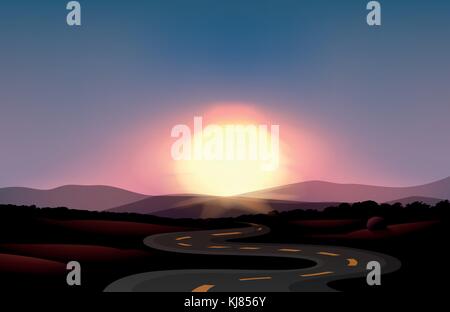 Illustration of a winding road and the sunset Stock Vector