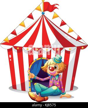 Illustration of a clown sitting in front of a red circus tent on a white background Stock Vector