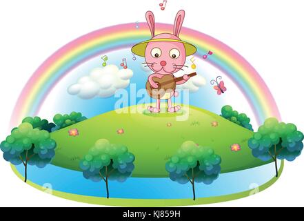 Illustration of a bunny playing with the guitar in the hill on a white background Stock Vector