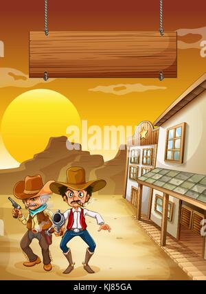 Illustration of an empty wooden signboard above the two armed men Stock Vector