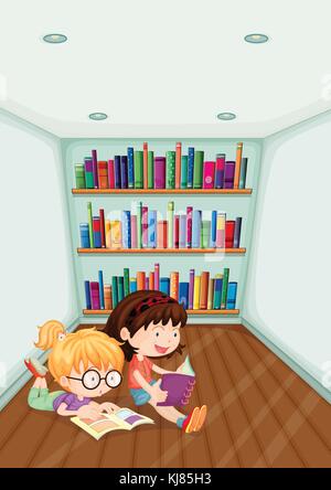 Illustration of the two girls reading inside the room on a white background Stock Vector