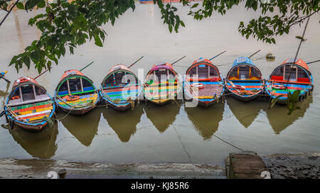 Colorful wooden boats on river Ganges at Kolkata, India Stock Photo