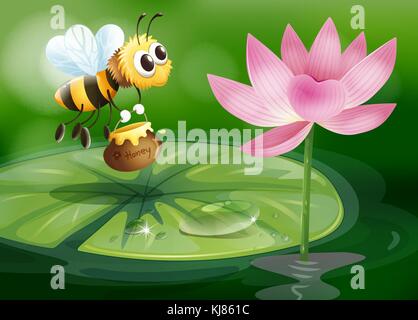 Illustration of a bee with a pot of honey above a waterlily Stock Vector