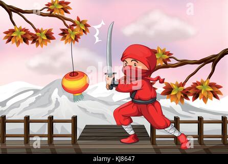 Illustration of a red ninja with a sword at the wooden bridge Stock Vector