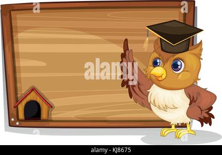 Illustration of an owl wearing a graduation cap beside a wooden board on a white background Stock Vector