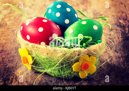Selective focus on the front red Easter egg Stock Photo