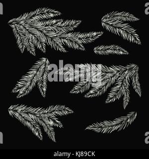 Frost pine tree branches isolated on black. Vector illustration. Stock Vector