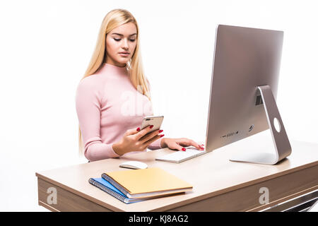 business woman hands busy using cell phone at office desk Stock Photo