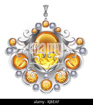 Silver pendant with oval and round amber gemstones on a white background. Design of jewelry. Stock Vector