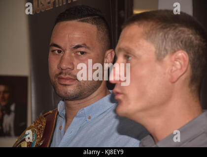 Auckland, New Zealand. 22nd Nov, 2017. New Zealand heavyweight boxer Joseph Parker looks on during a press conference in Auckland on Nov 22, 2017. He is currently the WBO heavyweight champion, having held the title since 2016. His team announces their latest attempts at signing a unification bout with WBA and IBF champion Anthony Joshua . Credit: Shirley Kwok/Pacific Press/Alamy Live News Stock Photo