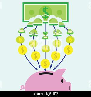 Vector Illustration Of A Banknote Is Slowly Transforming Into Coins Piece By Piece And Get In A Pink Piggy Bank On Light Blue Background. Stock Vector