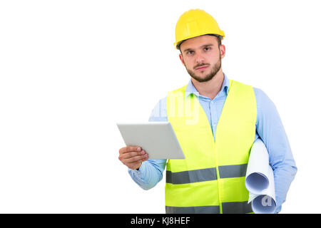 Handsome engineer working with a tablet pc, isolated on white Stock Photo