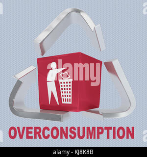 3D illustration of 'OVERCONSUMPTION' title with a waste box in a recycling symbol as a background Stock Photo