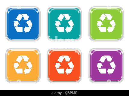 Set of rounded square colorful buttons with recycle symbol in blue, green, yellow, purple and orange colors Stock Photo