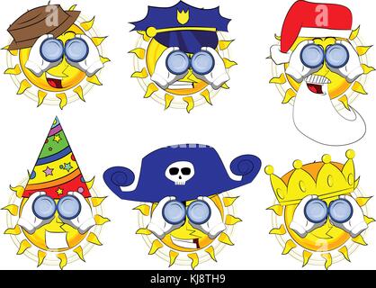 Cartoon sun looking through binoculars. Collection with costume. Expressions vector set. Stock Vector