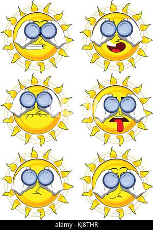 Cartoon sun looking through binoculars. Collection with sad faces. Expressions vector set. Stock Vector