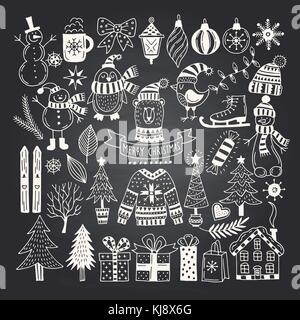 Big set of Christmas doodles. Hand drawn vector icons Stock Vector