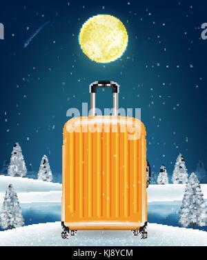 travel luggage bag on winter lake background Stock Vector