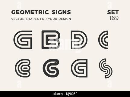 Set of eight minimalistic trendy shapes. Stylish vector logo emblems for Your design. Simple creative geometric signs collection. Stock Vector