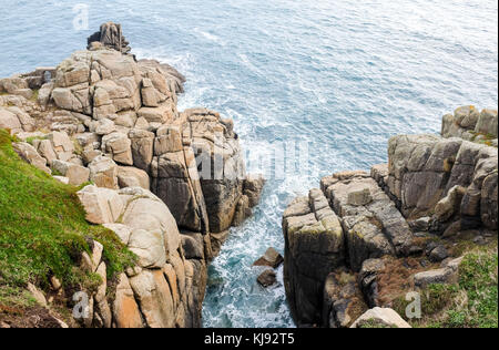 View from the famous Minack Theatre built into the cliffs at Porthcurno in Cornwall and was the brainchild of Rowena Cade, Stock Photo