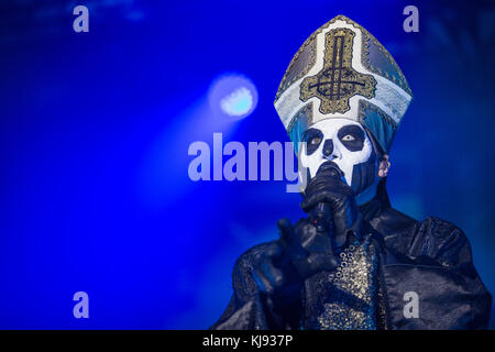Denmark, Valby - April 26, 2017. The Swedish doom metal band Ghost performs a live concert at Valbyhallen. Except for the vocalist, Papa Emeritus (pictured), all band members are refereed to as Nameless Ghouls. (Photo credit: Gonzales Photo - Thomas Rasmussen). Stock Photo