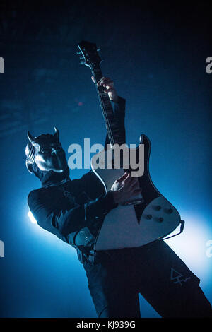 Denmark, Valby - April 26, 2017. The Swedish doom metal band Ghost performs a live concert at Valbyhallen. Except for the vocalist, Papa Emeritus, all band members are refereed to as Nameless Ghouls (pictured). (Photo credit: Gonzales Photo - Thomas Rasmussen). Stock Photo
