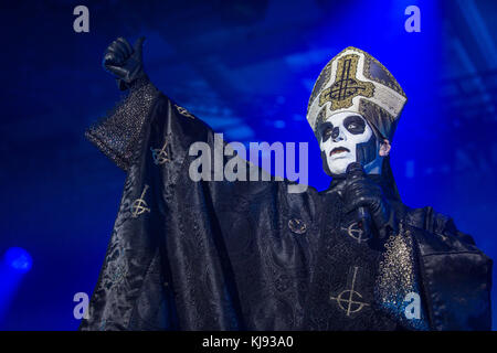 Denmark, Valby - April 26, 2017. The Swedish doom metal band Ghost performs a live concert at Valbyhallen. Except for the vocalist, Papa Emeritus (pictured), all band members are refereed to as Nameless Ghouls. (Photo credit: Gonzales Photo - Thomas Rasmussen). Stock Photo