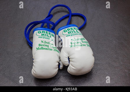 Northern Ireland boxing team miniature boxing gloves memorabilia from the 2006 Commonwealth Games held in Melbourne Australia Stock Photo