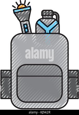 travel safari backpack with flashlight and bottle water Stock Vector