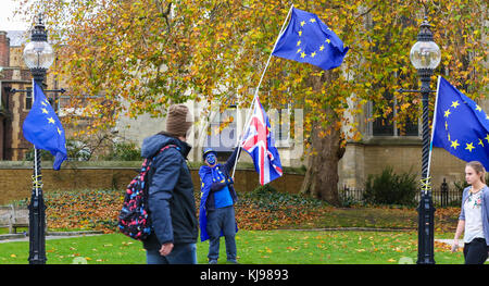 Westminster. London. UK 22 Nov 2017 - Anti Brexit protester with Union Jack and EU flags demonstrates outside Parliament protesting as the Chancellor of the Exchequer Philip Hammond sets out his Autumn Budget to the House of Commons. Credit: Dinendra Haria/Alamy Live News Stock Photo