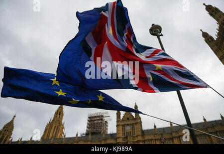 Westminster. London. UK 22 Nov 2017 - Union Jack and EU flags outside Parliament. Credit: Dinendra Haria/Alamy Live News Stock Photo