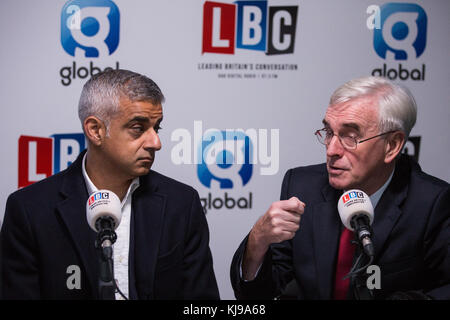 London, UK. 22nd November, 2017. Sadiq Khan, Mayor of London, and John McDonnell MP, Shadow Chancellor, give their opinions on Chancellor of the Exchequer Philip Hammond's Budget announcement during an interview with broadcast media on College Green. Credit: Mark Kerrison/Alamy Live News Stock Photo