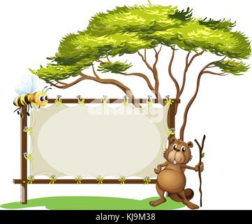 Illustration of a beaver with a stick near a blank signage on a white background Stock Vector