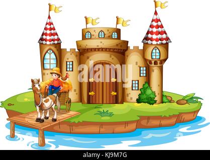 Illustration of a farmer riding a cart with a chicken above his head on ...