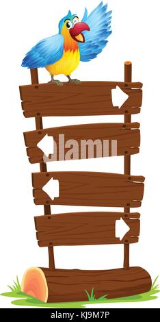 Illustration of a parrot at the top of the signboards with arrows on a white background Stock Vector