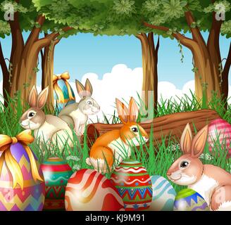 Illustration of a group of bunnies and easter eggs on a white background Stock Vector