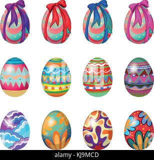 Illustration of easter eggs with designs and ribbons on a white background Stock Vector