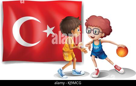 Illustration of the two boys playing basketball in front of the flag of Turkey on a white background Stock Vector