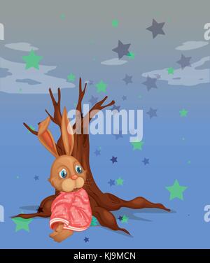 Illustration of a bunny beside a big tree without leaves Stock Vector