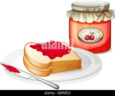 Illustration of a sandwich inside the plate with a cherry jam on a white background Stock Vector