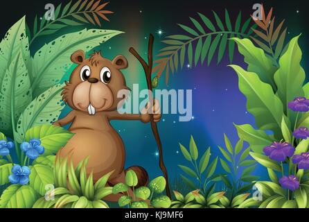 Illustration of a beaver holding a piece of wood in the garden Stock Vector