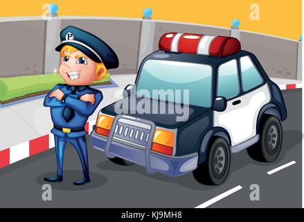 Illustration of a policeman standing beside his patrol car Stock Vector