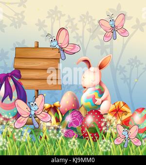 Illustration of the bunny and the butterflies in the garden with Easter eggs Stock Vector