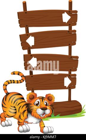 Illustration of a wooden signboard with a tiger on a white background ...